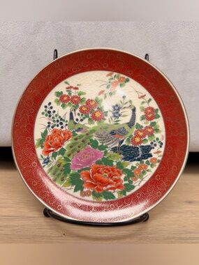 Satsuma Peacock Floral Plate in Red, Green, Orange